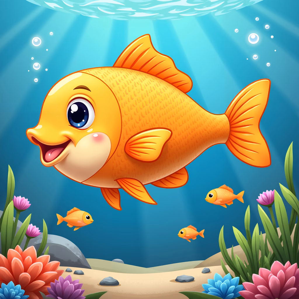 Brightly colored underwater illustration featuring a cheerful fish.