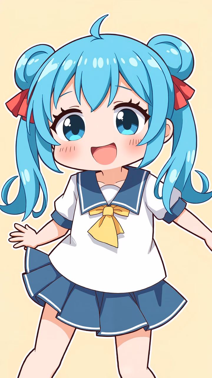 Cute chibi girl in sailor uniform, vibrant colors, playful mood.