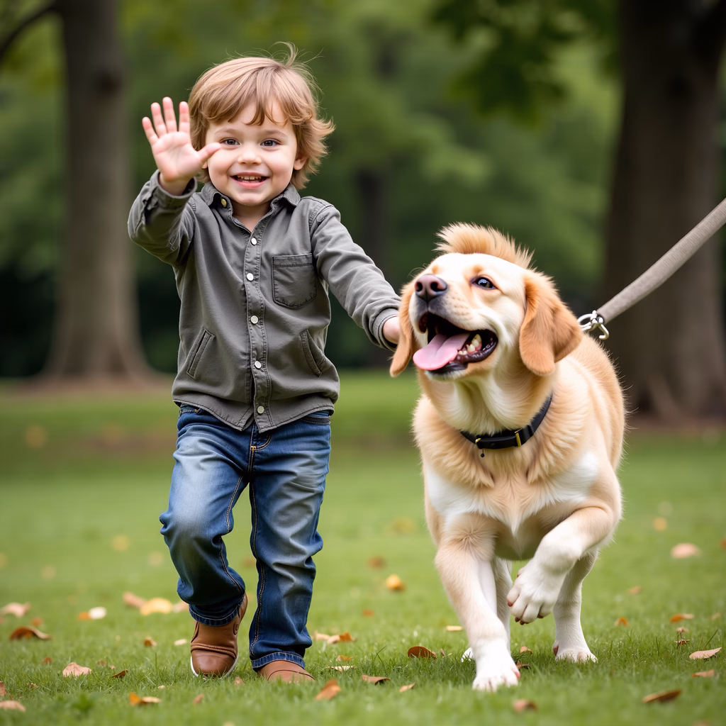Cheerful child and dog enjoying a day outdoors in a park.