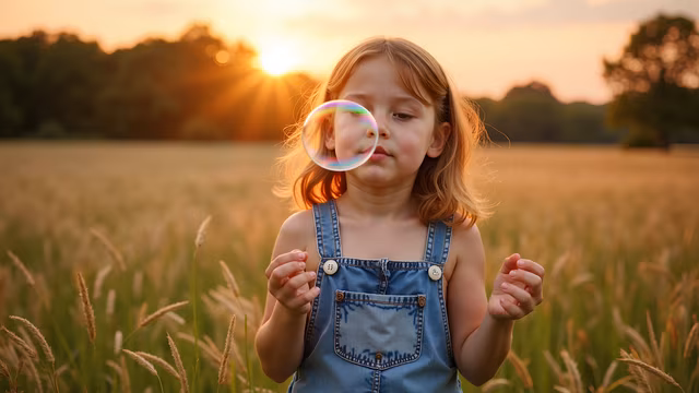 Child Blowing Bubbles at Sunset