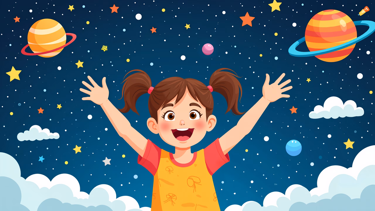 A child's dream of space in a colorful, cartoon-style illustration.