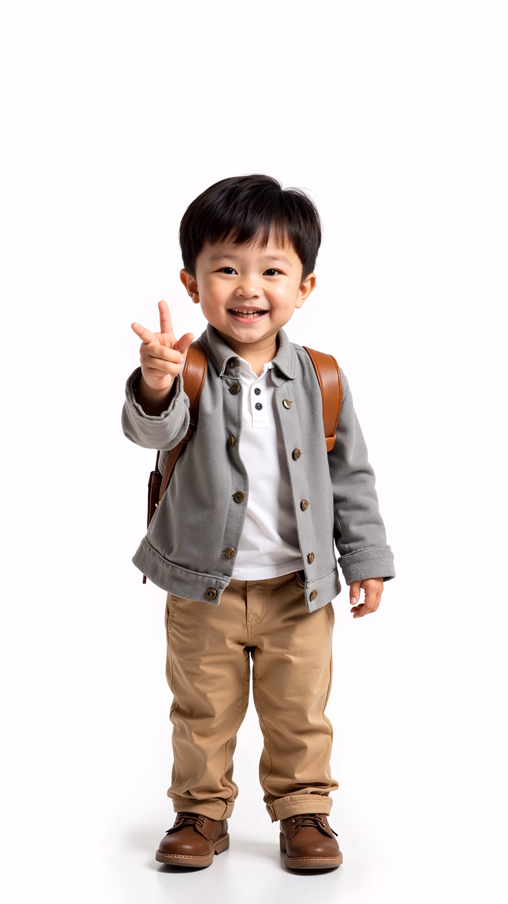 A cheerful child in stylish clothing with a backpack, ready for the day.