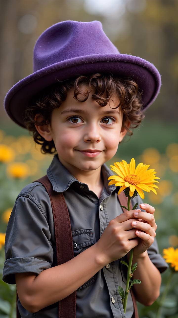 A child holding a yellow flower in a sunflower field, evoking nostalgia and happiness.