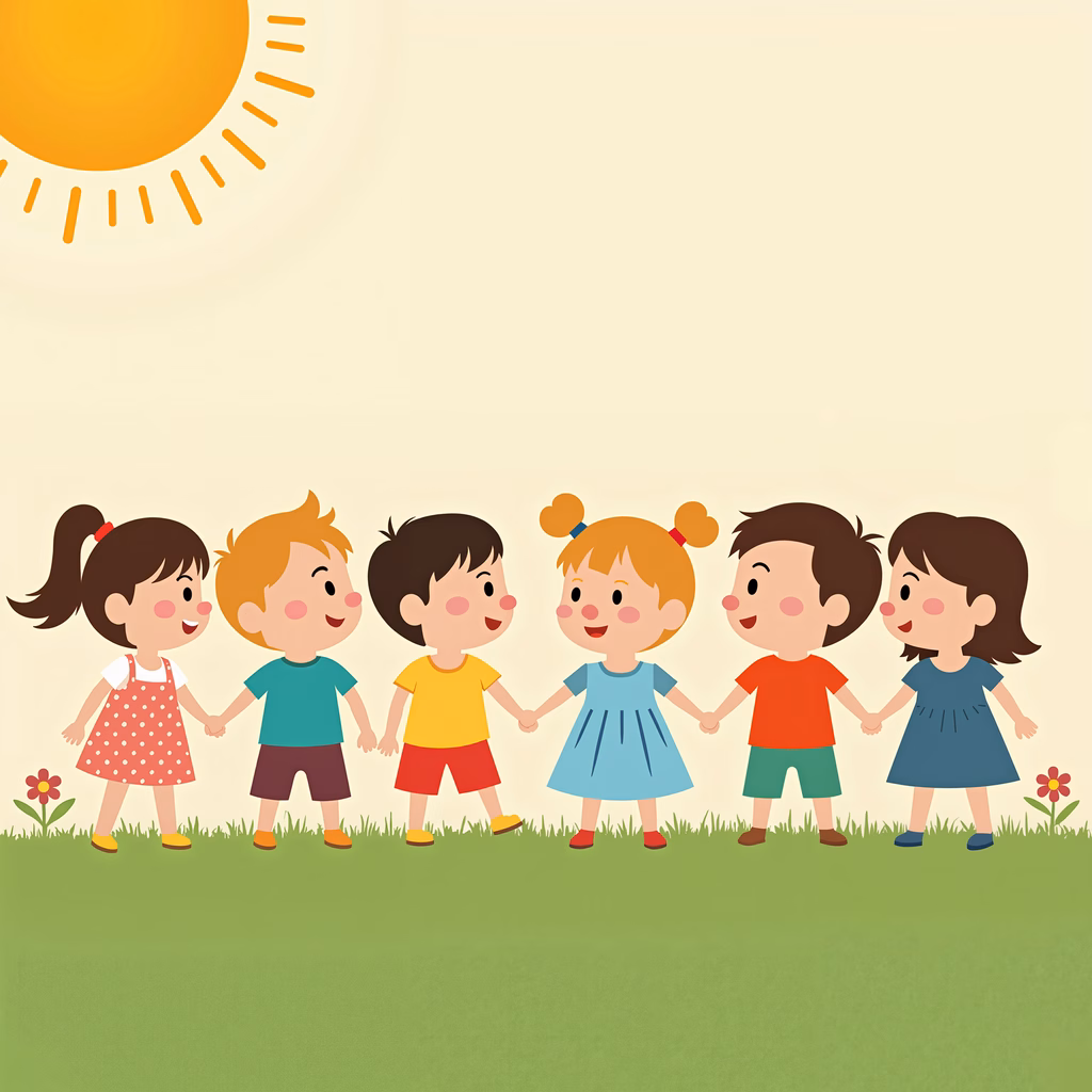 Six children holding hands in a sunny, grassy field, symbolizing friendship and unity.