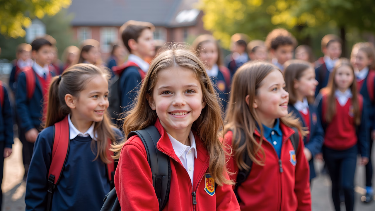Children in school uniforms, smiling and standing outdoors.