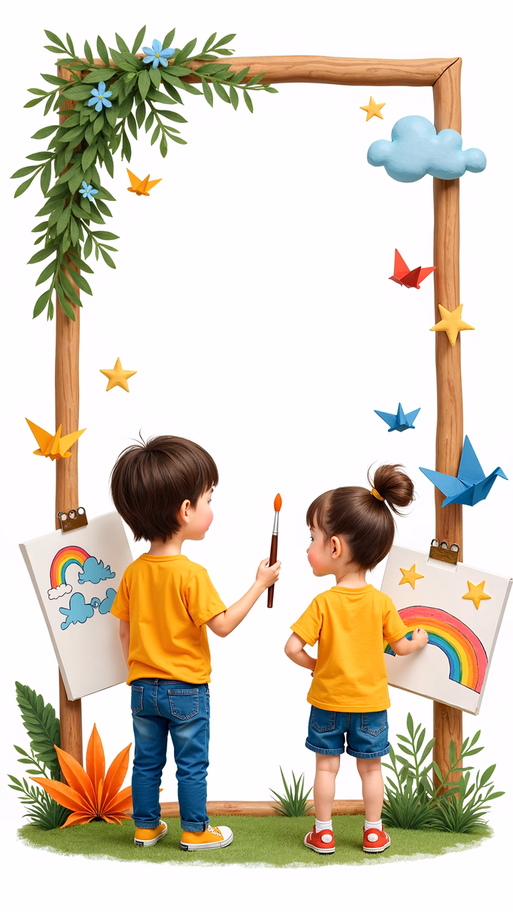Two children painting rainbows in a colorful, playful setting.