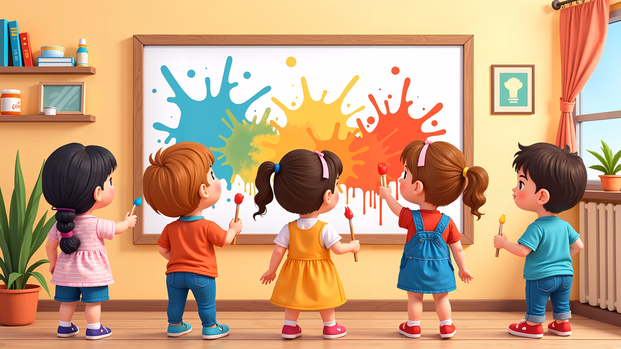 Five children painting colorful splashes together in a bright, cheerful room.
