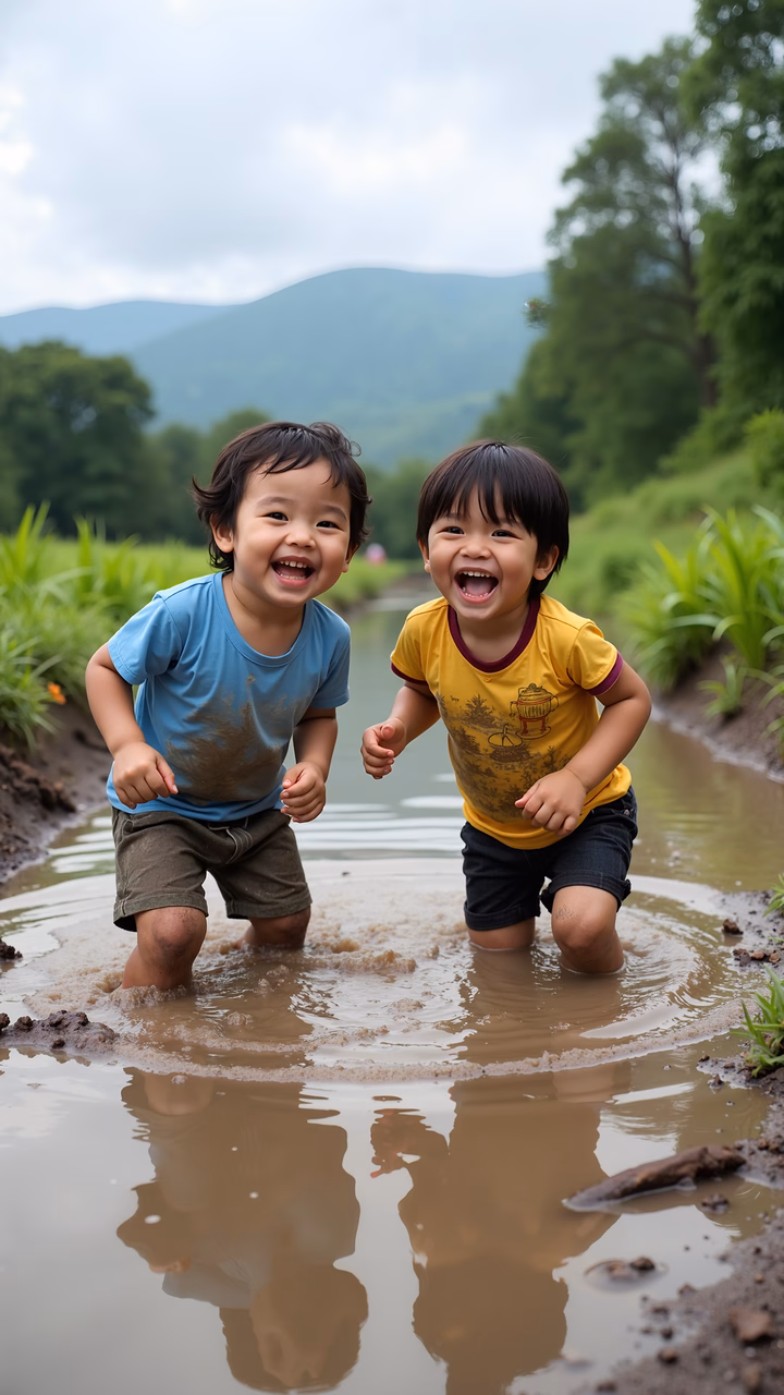 Joyful children playing in a muddy puddle amidst nature's beauty.