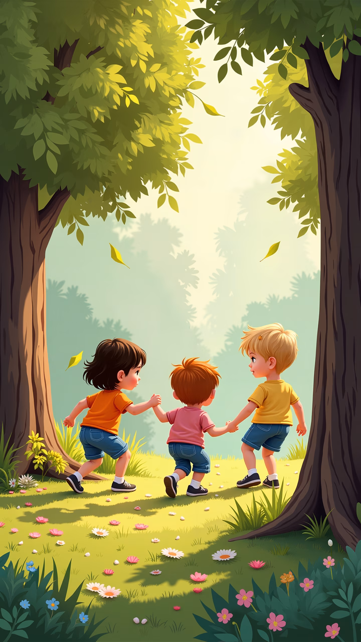 Three children enjoying a sunny day in a colorful park.
