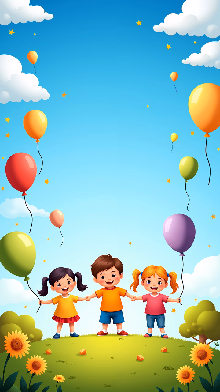 Happy children playing with colorful balloons in a sunny meadow.
