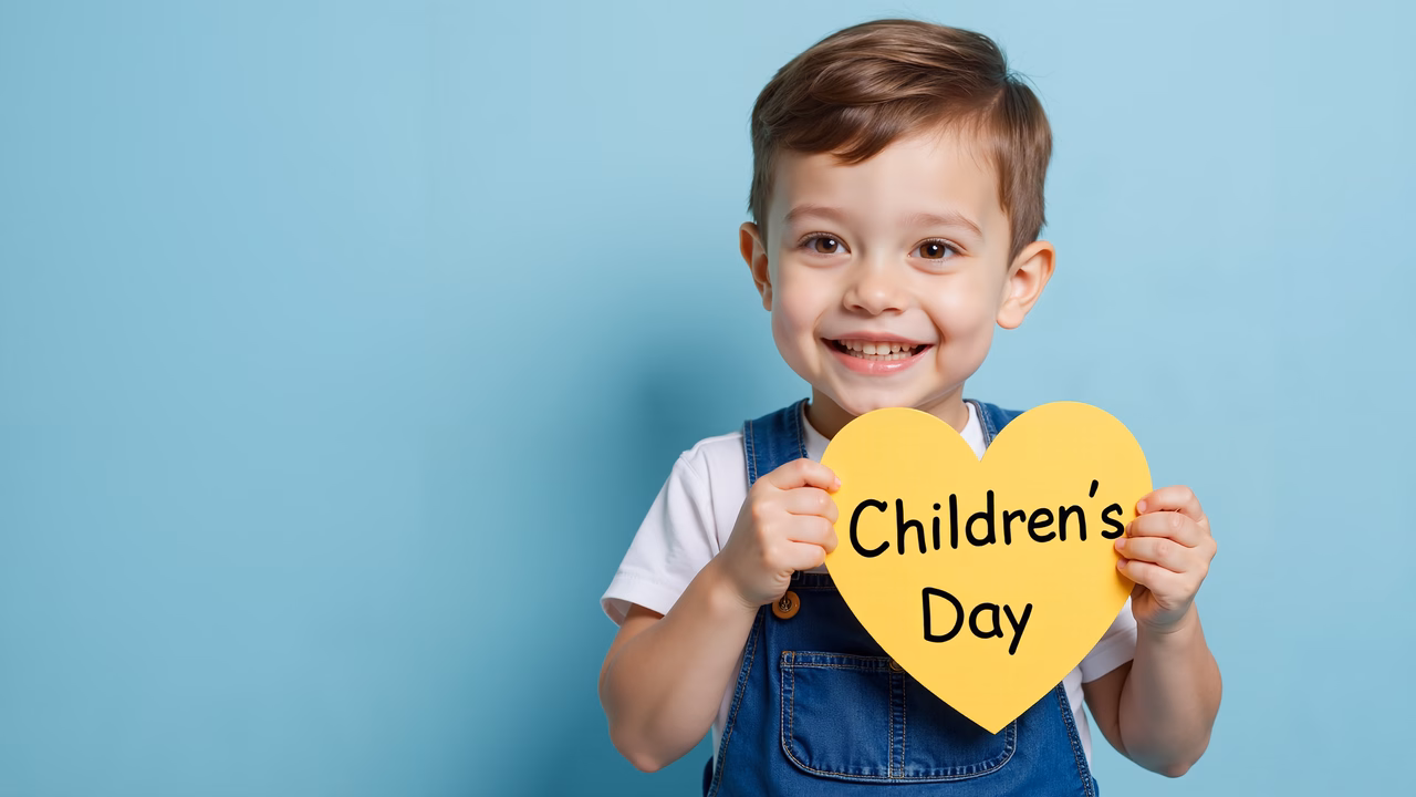 A child celebrating Children's Day with a heart-shaped sign against a blue backdrop.