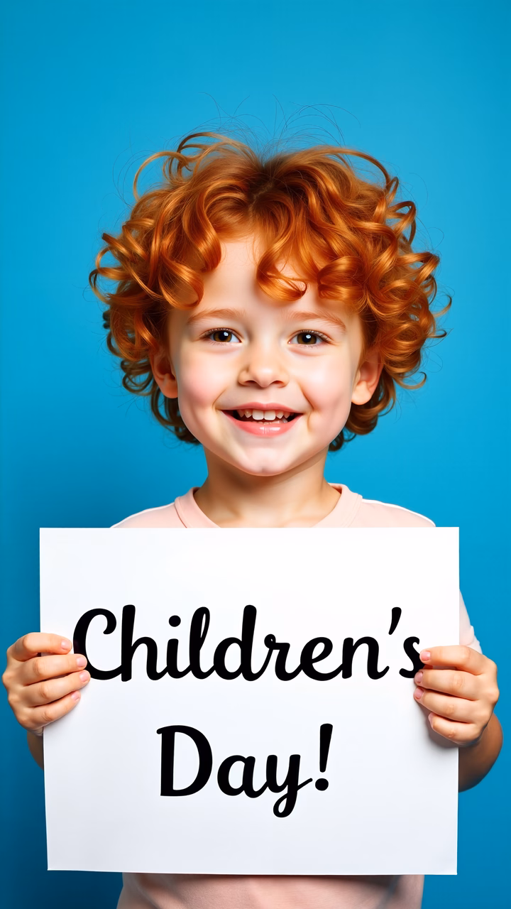 Brightly celebrating Children's Day with a happy child holding a sign!