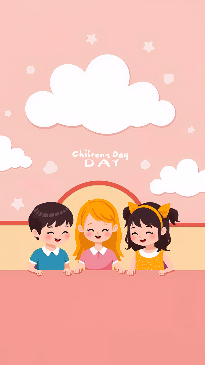 Happy children celebrating Children's Day with a soft pink sky and fluffy clouds.