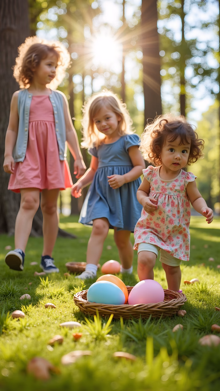 Children running in a sunlit park with Easter eggs, capturing joy and innocence.