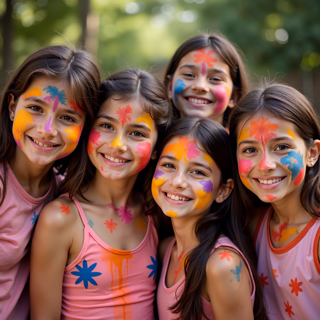 Brightly painted children celebrating with floral designs on their faces and clothes.
