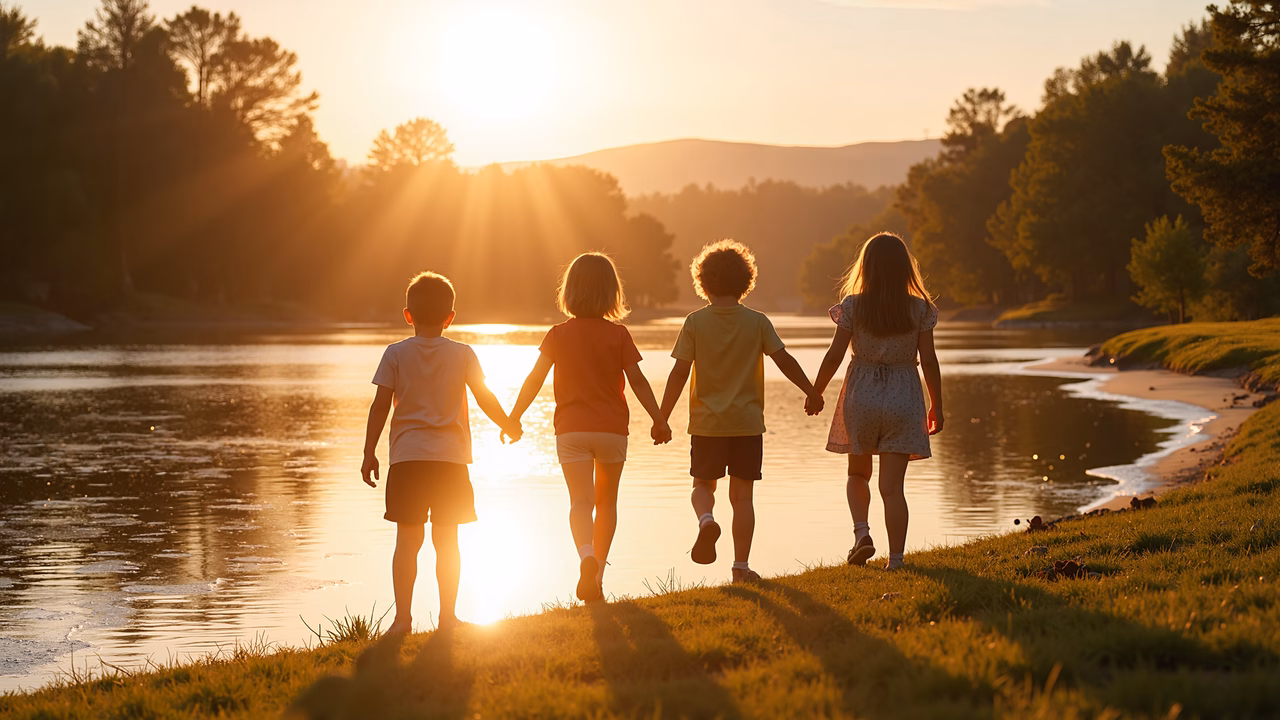 Four children walking hand-in-hand by a river at sunset, capturing a moment of friendship and peace.