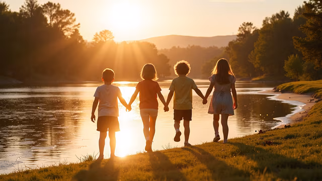 Children Walking Hand-in-Hand at Sunset