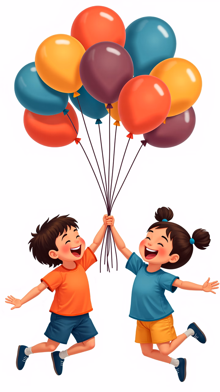 Two joyful children jumping with colorful balloons.