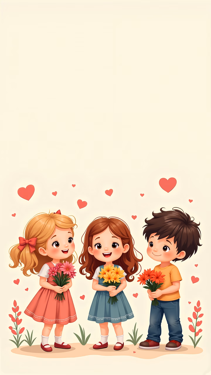 A delightful illustration of children sharing flowers, creating a sense of warmth and happiness.