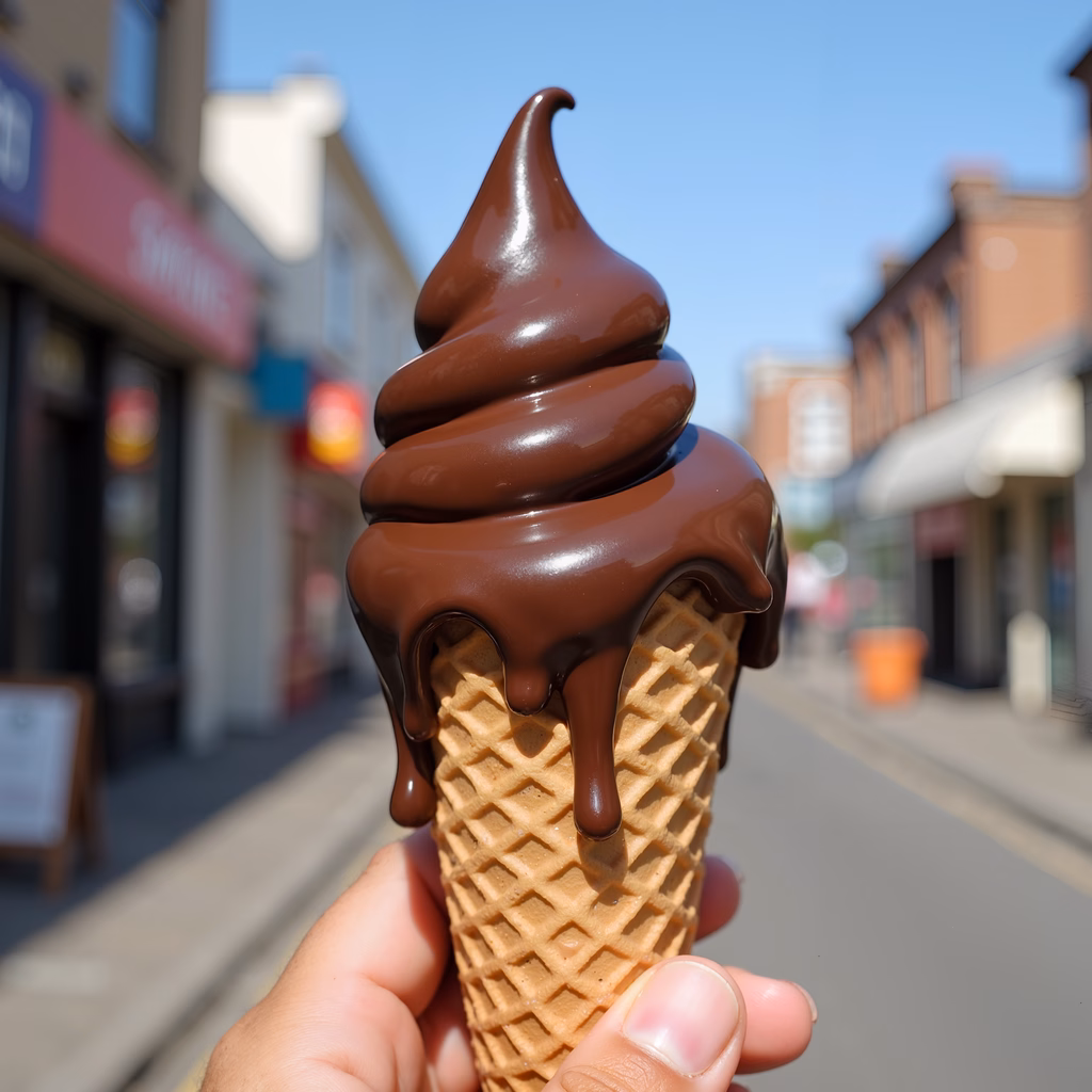 Close-up of a chocolate soft serve ice cream cone against a sunny street backdrop.