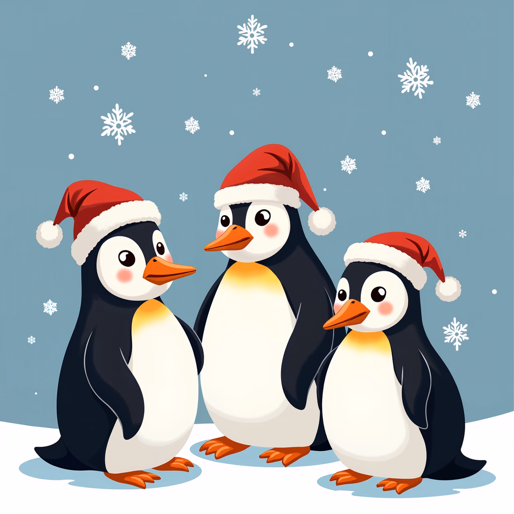 Cute penguins wearing Santa hats amidst snowfall, celebrating Christmas.