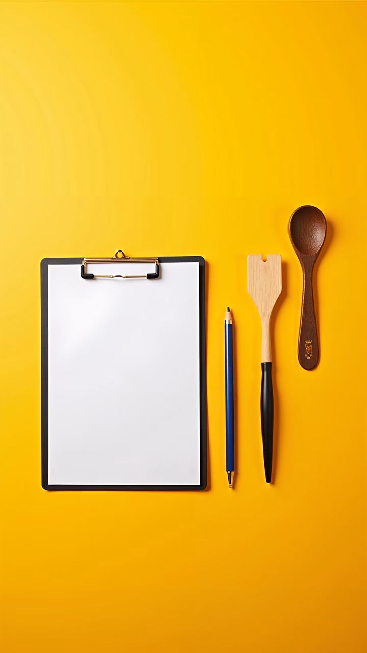 Minimalist clipboard and kitchen tools against a bright yellow background.