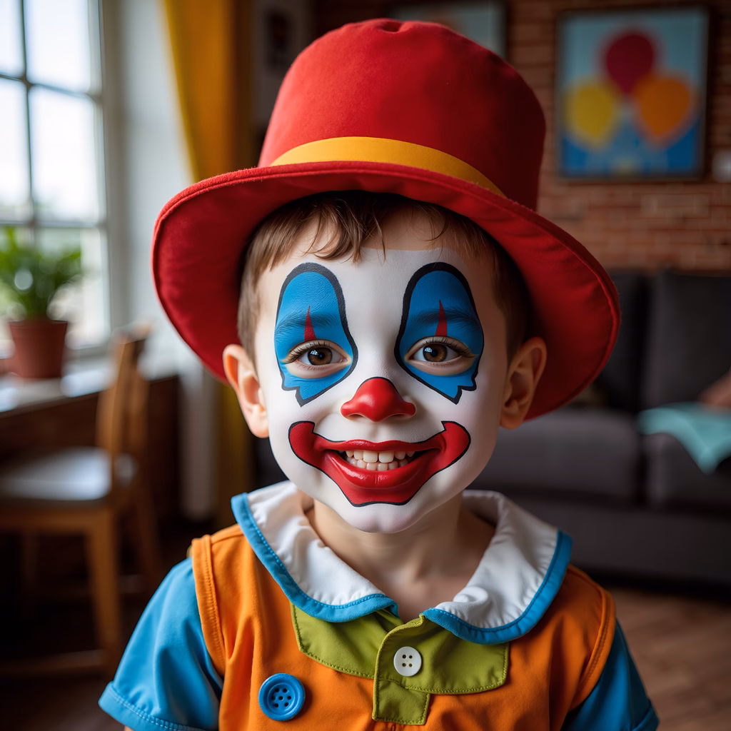 Brightly colored clown costume portrait of a child