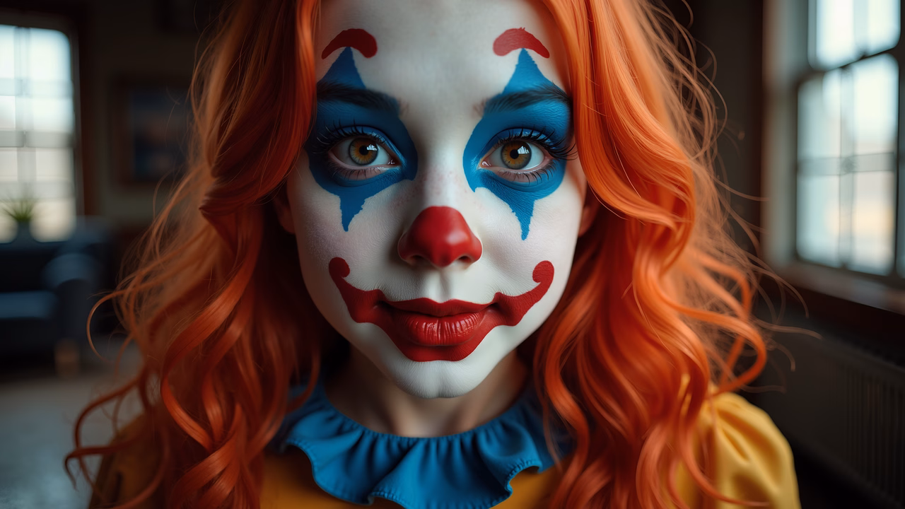 Close-up portrait of a clown with bold makeup and vibrant red hair, set against a softly blurred domestic background.