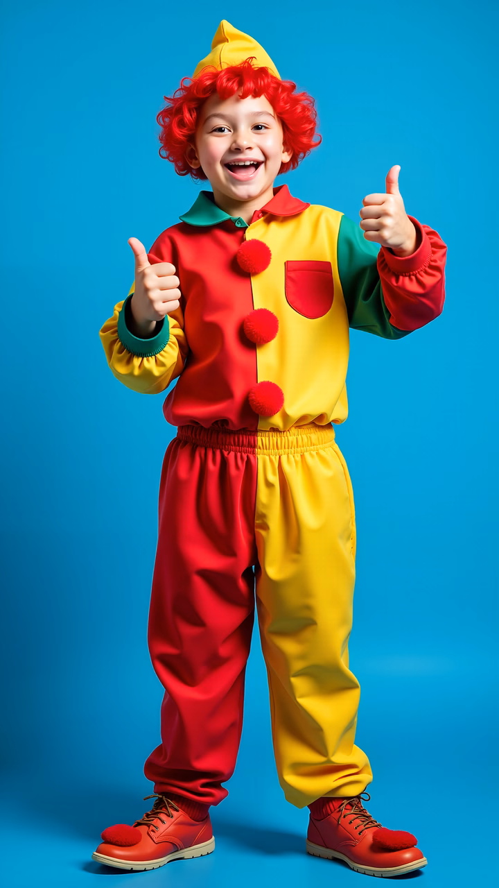 Brightly colored clown thumbs up against a blue background.