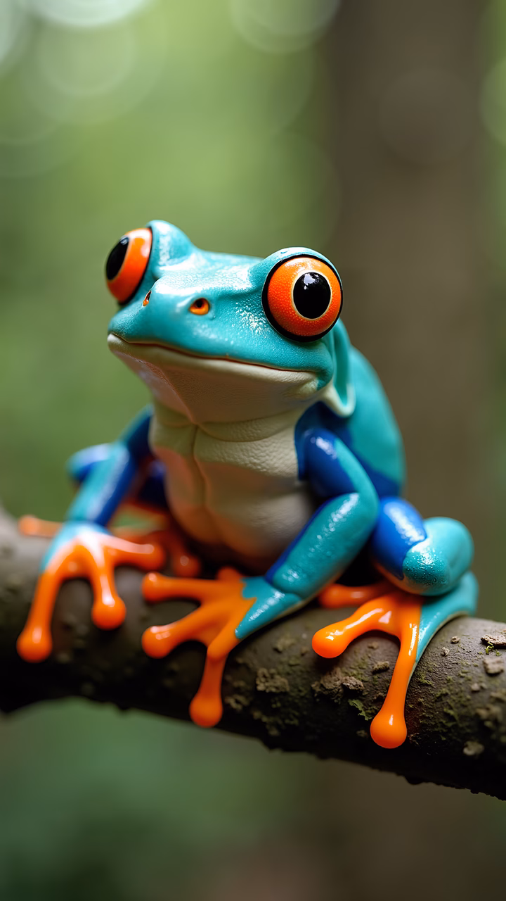 Vibrant frog with red eyes and blue-orange limbs in a lush forest setting.
