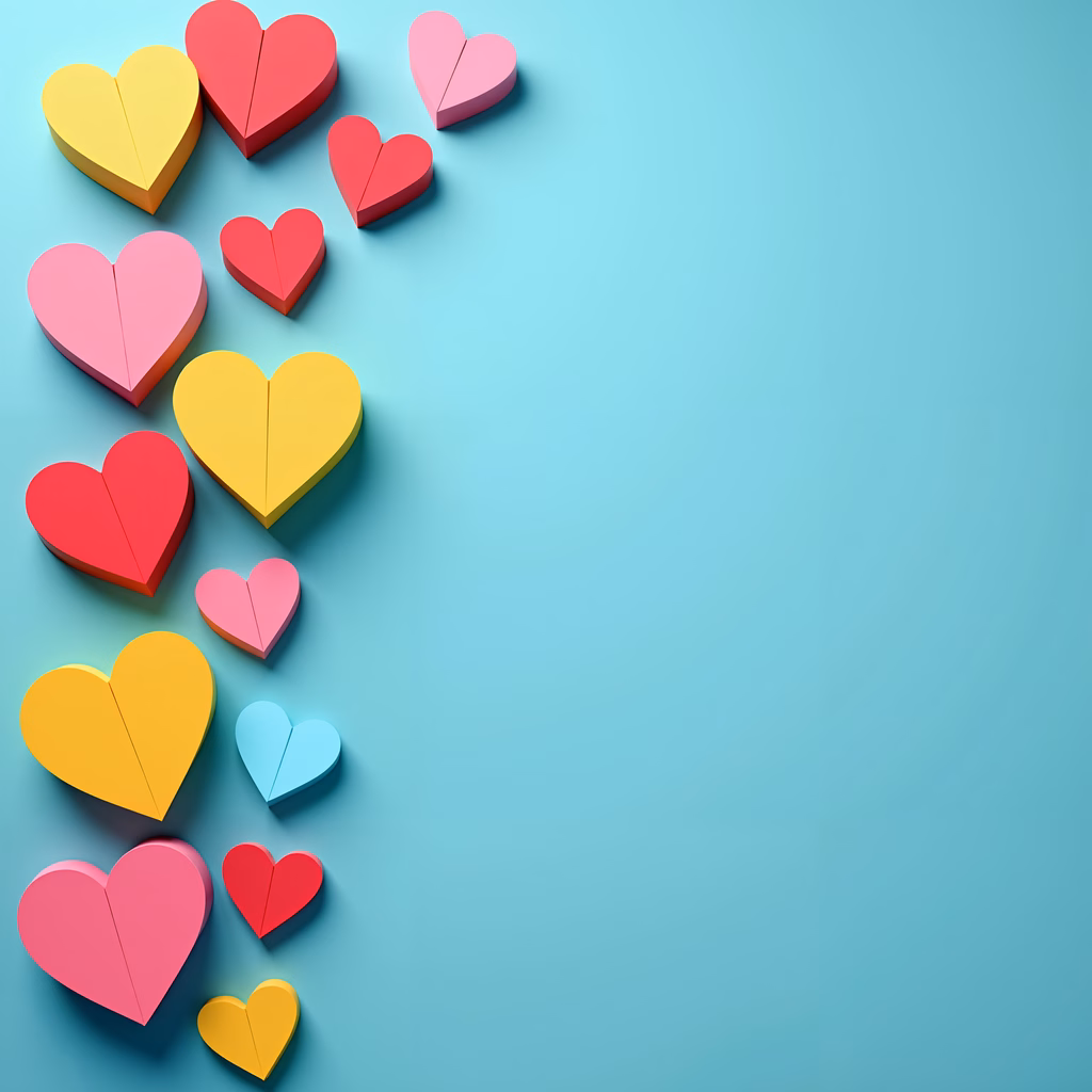 Vibrant hearts on a light blue background, celebrating love and joy.