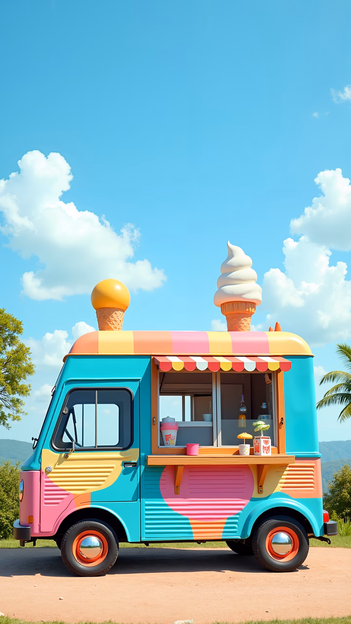 A cheerful ice cream truck in vibrant pastel colors under a sunny sky.