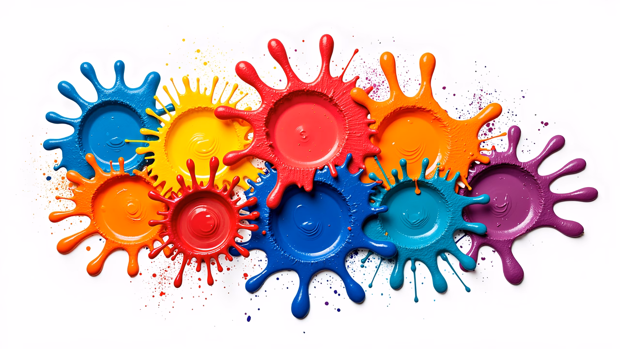 Vibrant and dynamic paint splashes in primary colors on a white background.
