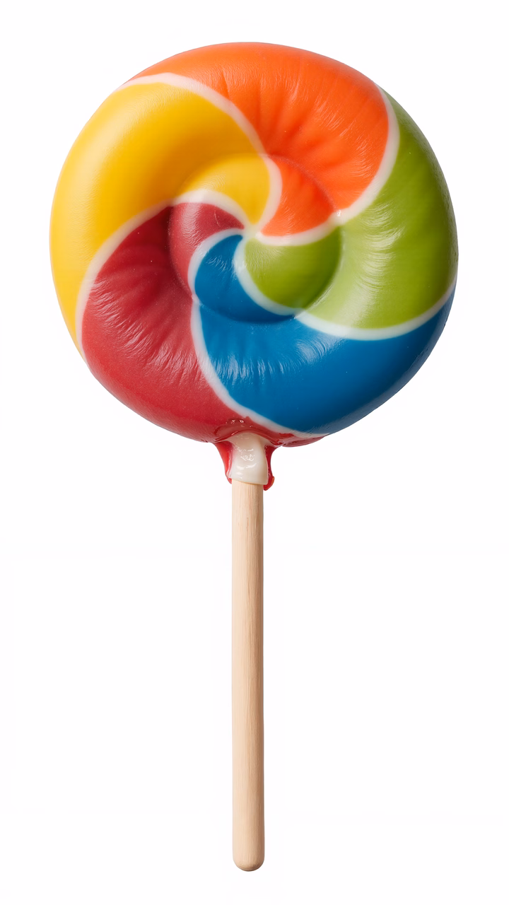 Brightly colored swirl lollipop with glossy texture, perfect for food and drink enthusiasts.
