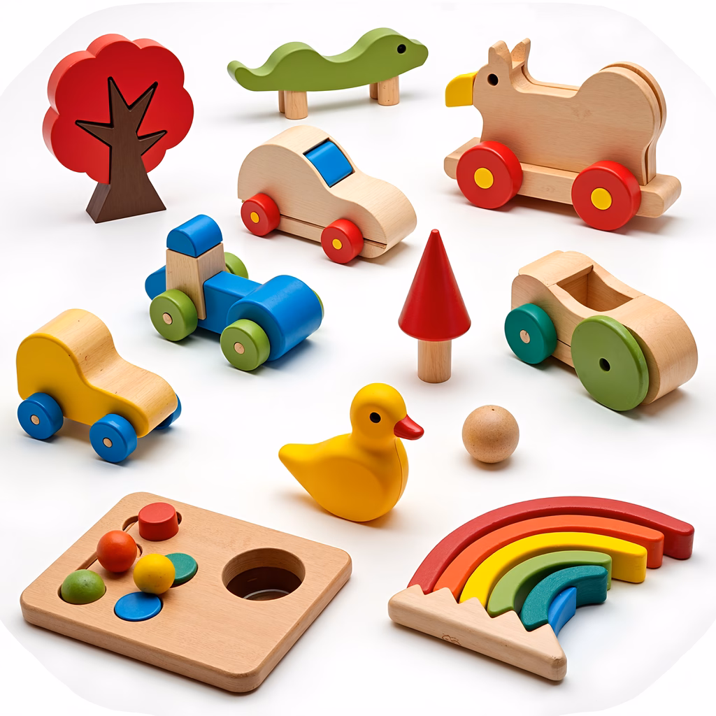 Brightly colored wooden toys designed for children's play and learning.