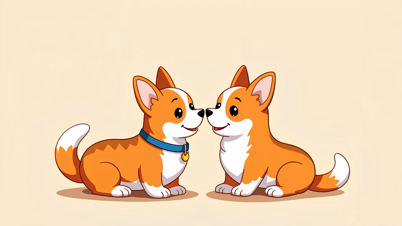 Two Corgis share a sweet moment in a warm, affectionate illustration.