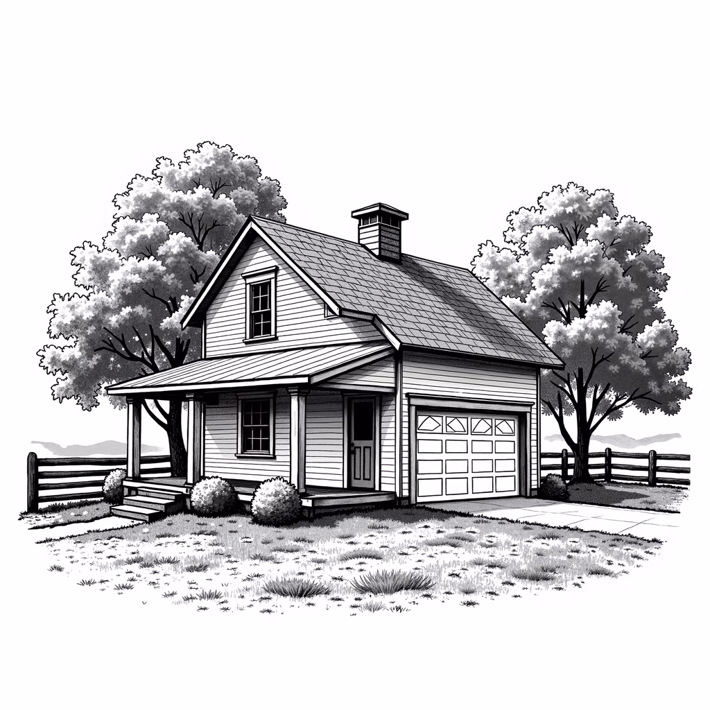 A charming black-and-white illustration of a cottage in a tranquil countryside setting.