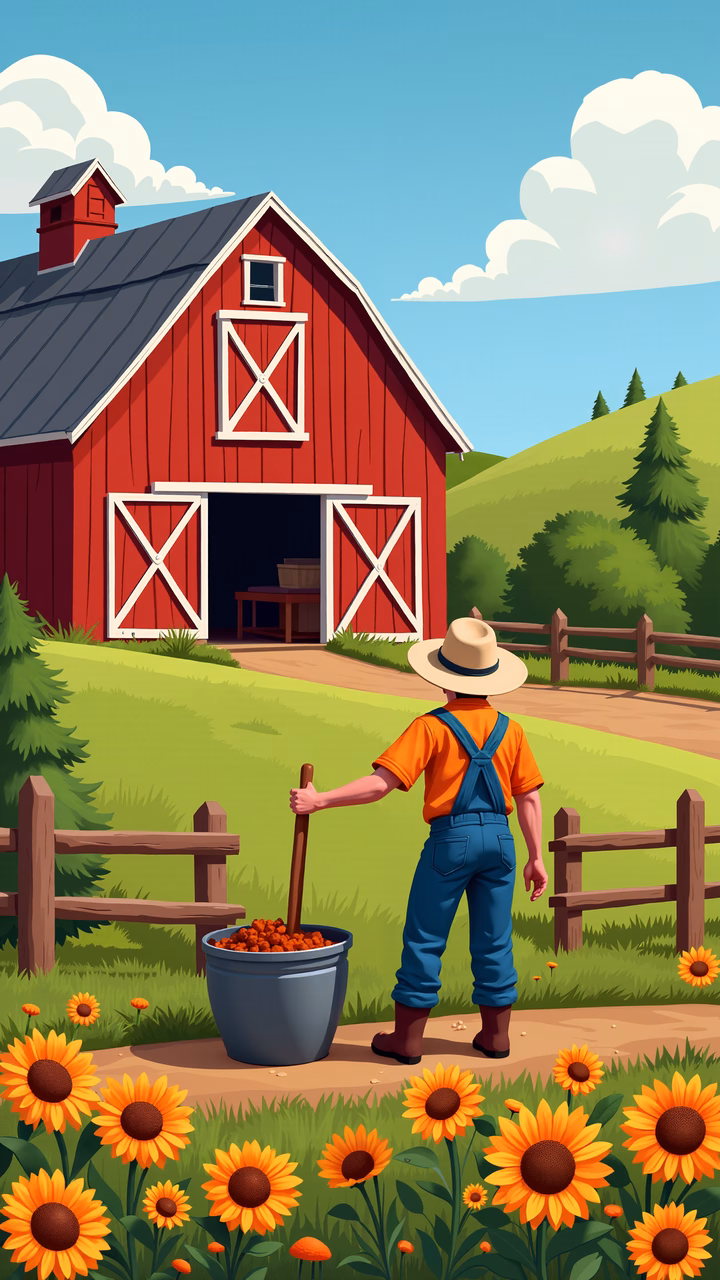 A farmer with tomatoes and sunflowers in a picturesque rural setting.