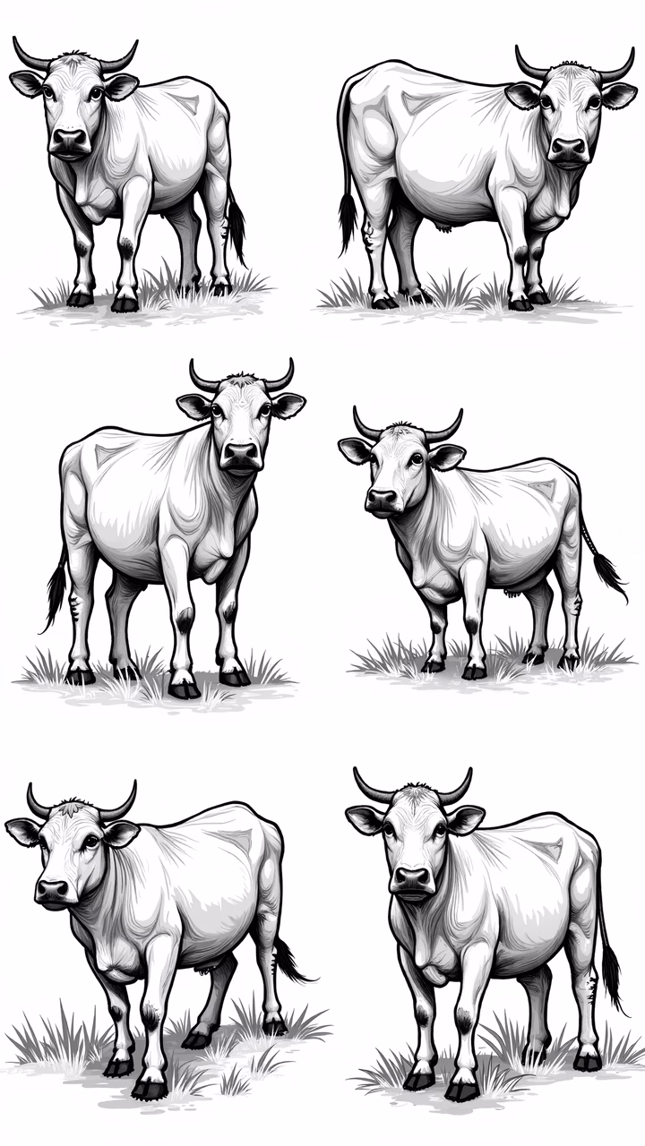 Detailed monochrome illustrations of cows in a grassy field.