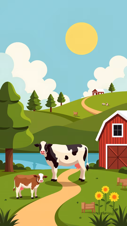 Cows in Pastoral Illustration
