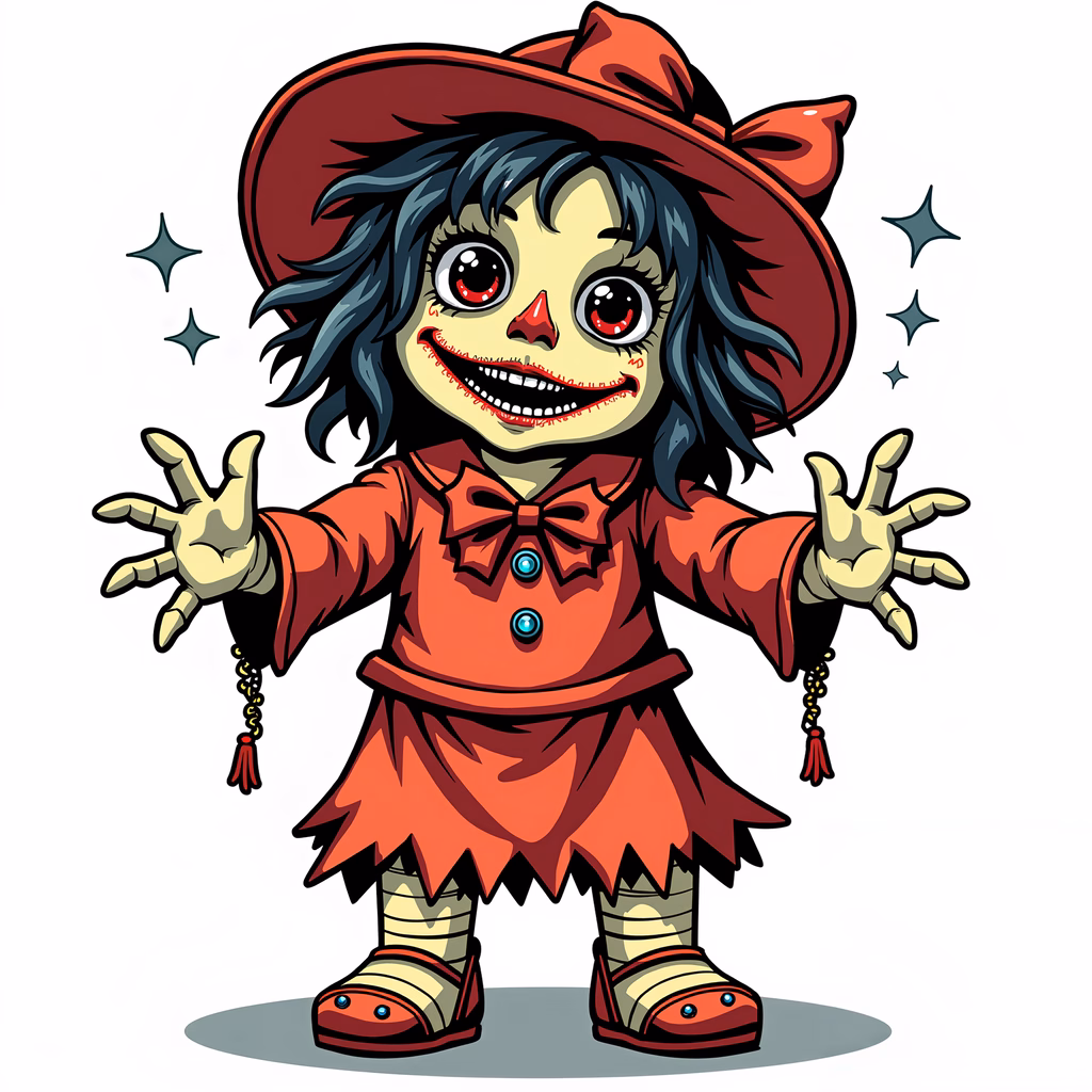 A spooky witch character with exaggerated features and sparkles.