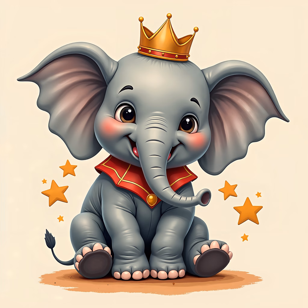 A cute baby elephant wearing a golden crown and red sash, surrounded by stars on a beige background.