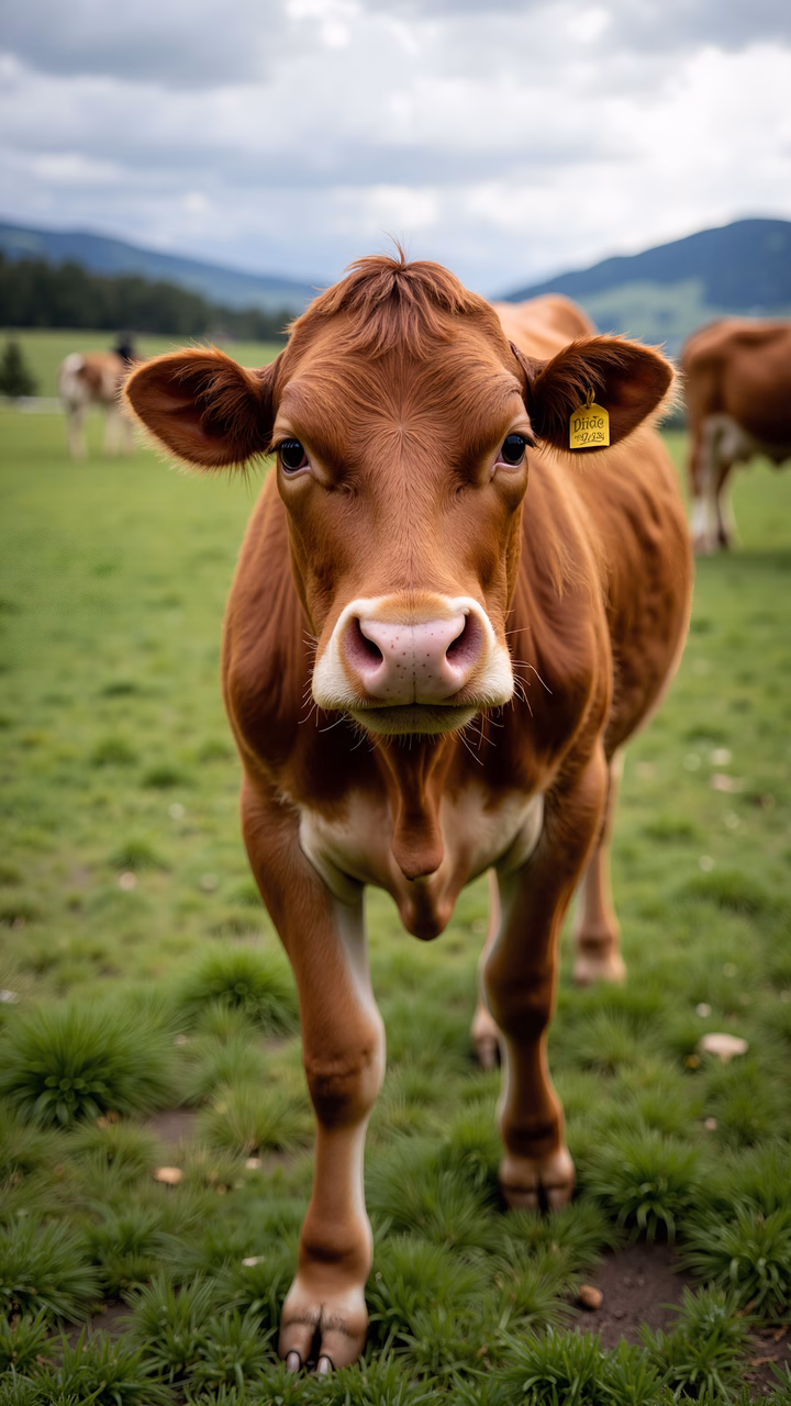 Close-up of a curious cow in a green pasture under a cloudy sky.