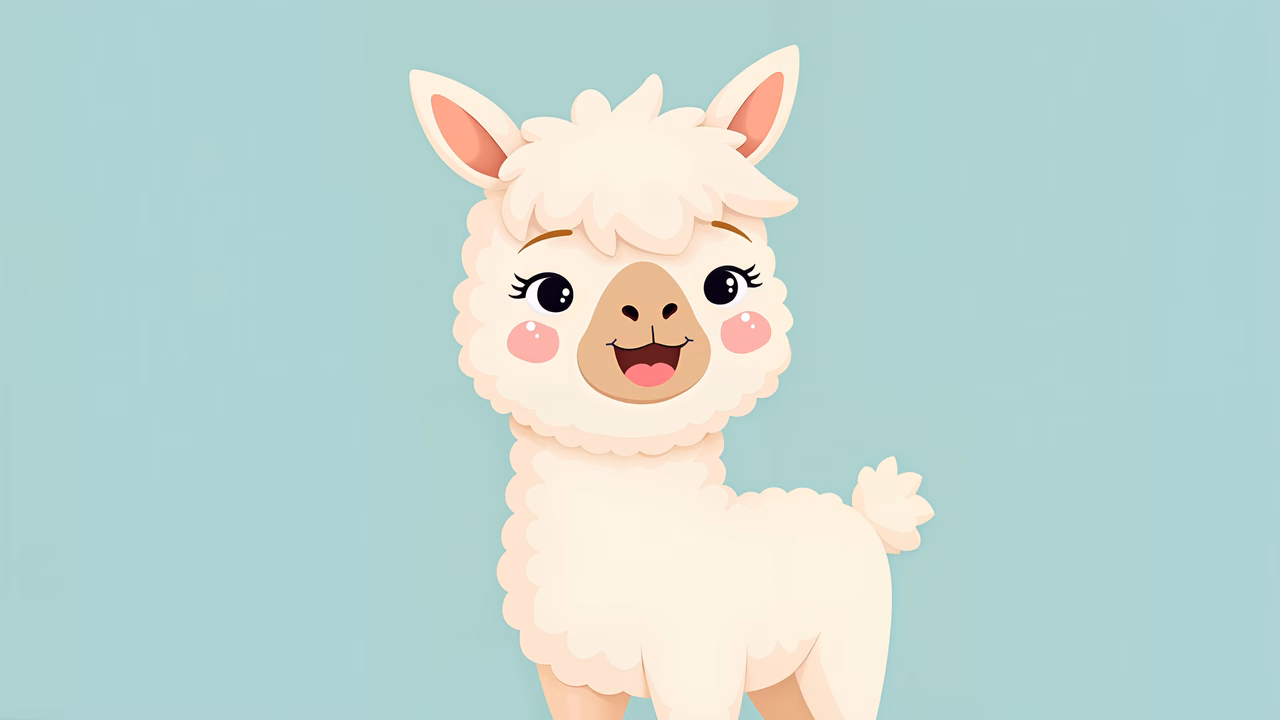 A cute alpaca with a friendly expression, set against a light teal background.