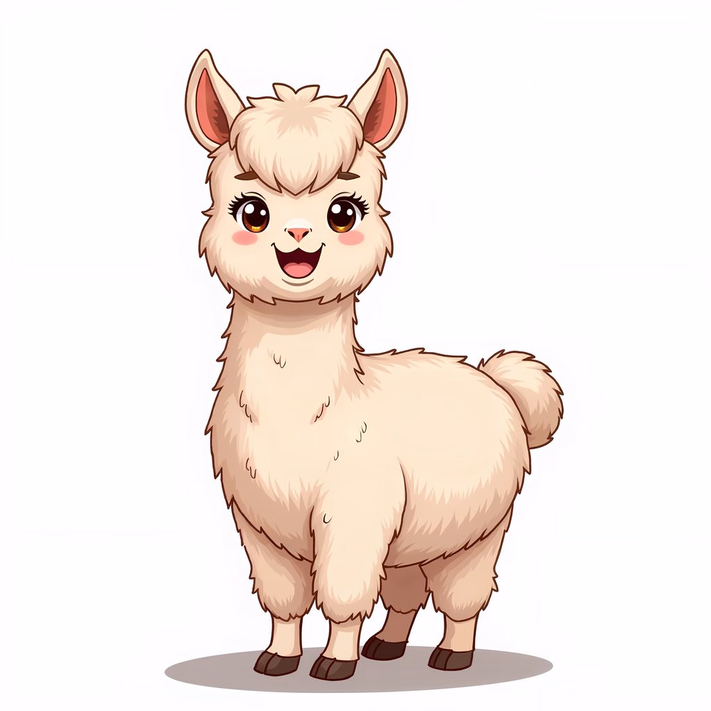 A cute cartoon alpaca with big eyes and a happy expression, perfect for children's art.