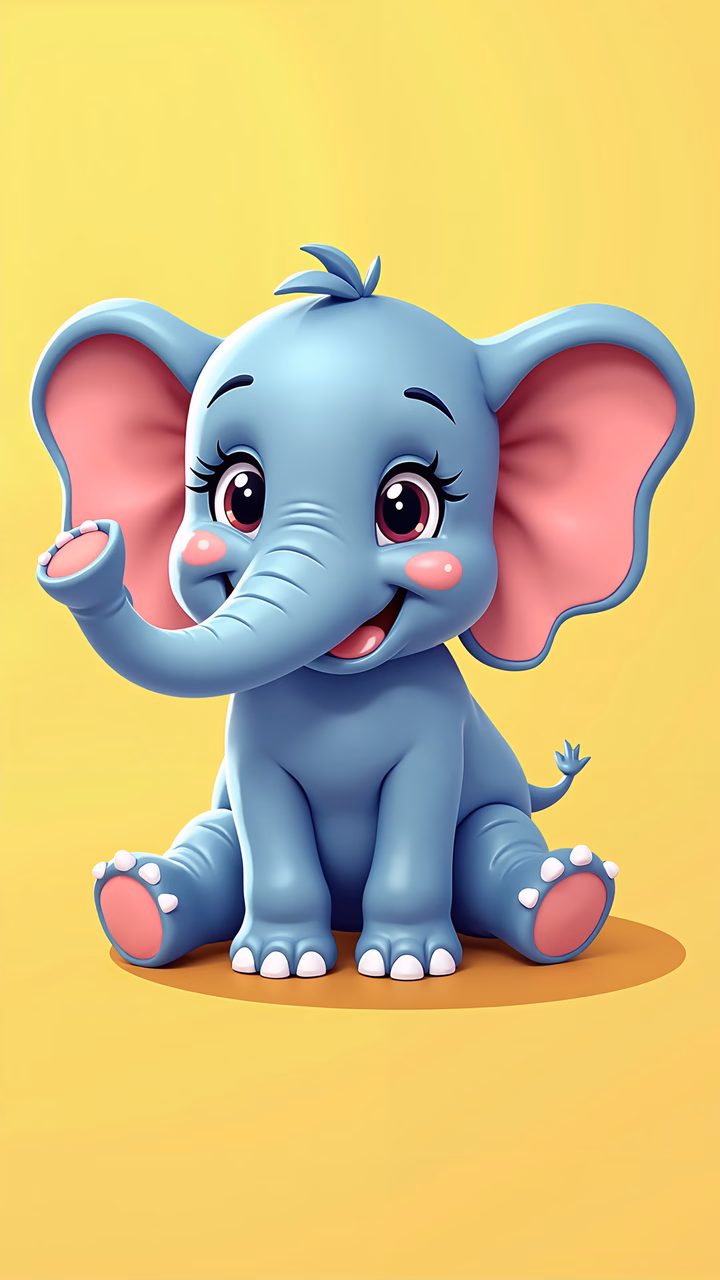 A cute, cartoon-style baby elephant waving with a friendly smile on a vibrant yellow background.