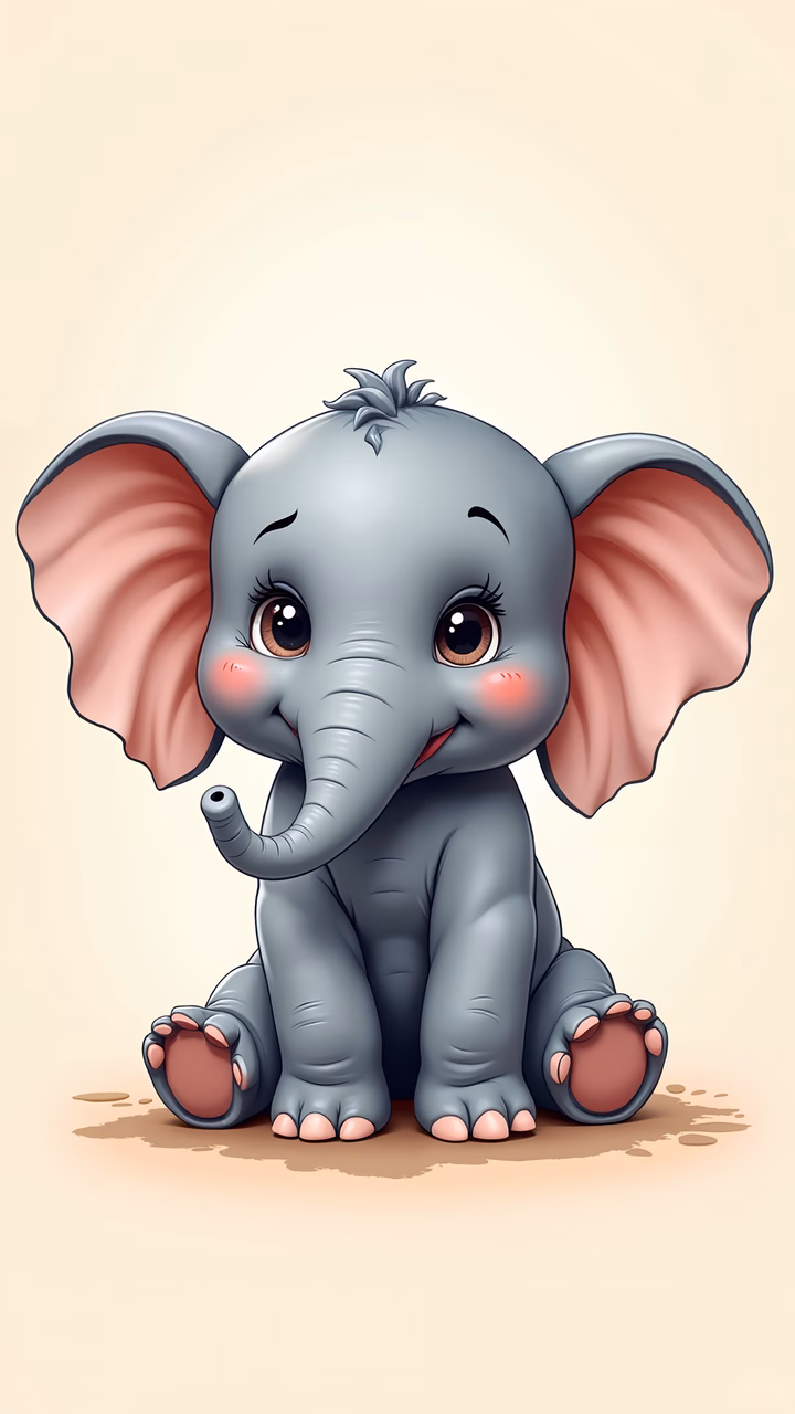A cute baby elephant with big eyes and rosy cheeks, sitting playfully on a soft beige background.