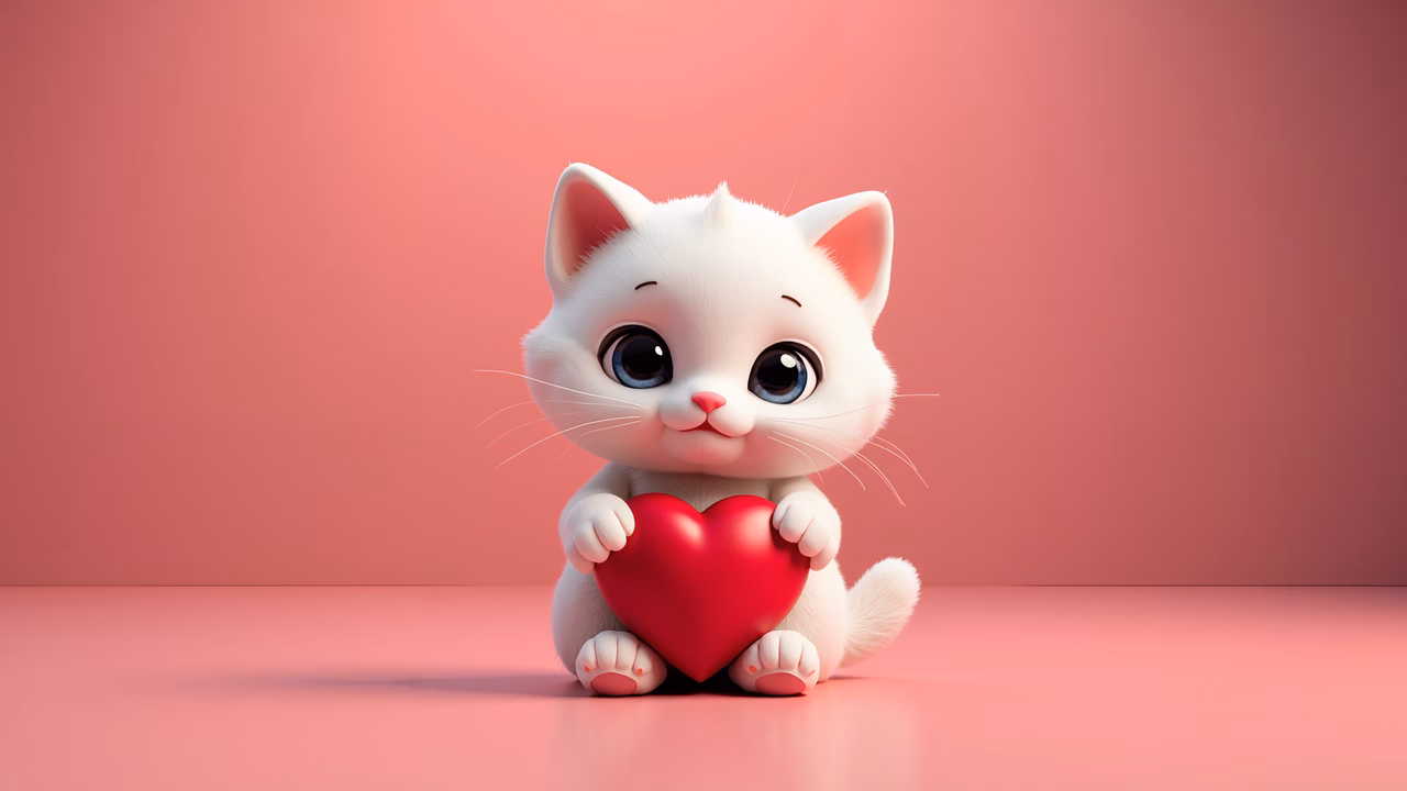 A cute kitten holding a heart, symbolizing love and affection.