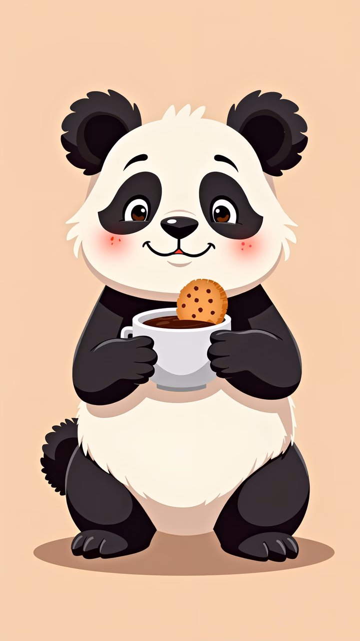 A cute panda enjoying a cookie and coffee in a cozy setting.