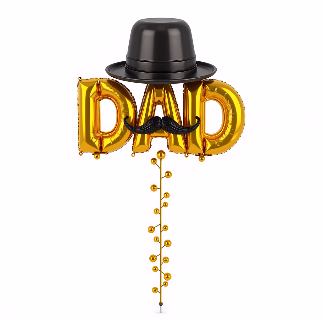 Golden balloons spelling 'DAD' with mustaches and hats, celebrating Father's Day.